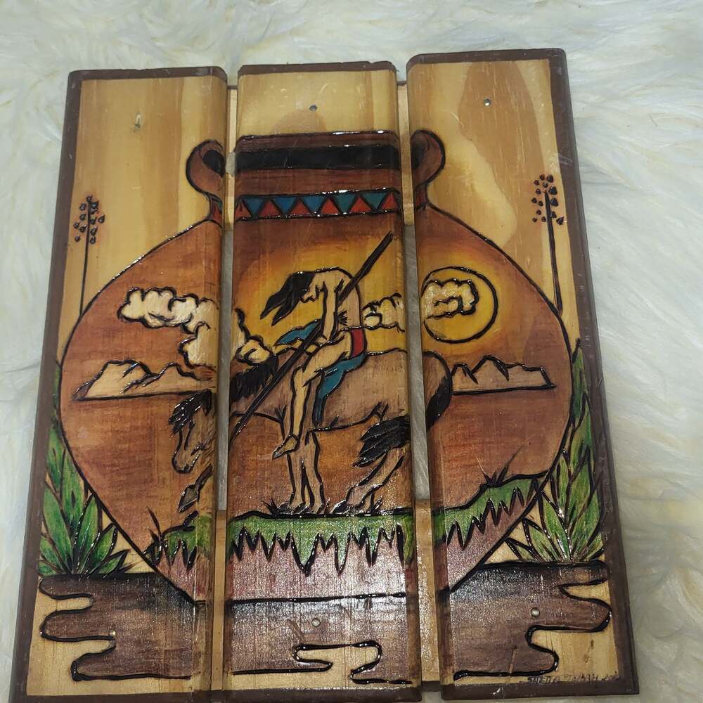 Vintage Hand Carved & Painted Wood-End of the Trail Native American Scene